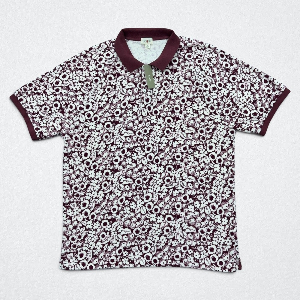 J.Crew Oarsman Polo Shirt Mens L Burgundy Floral Terry Cloth Short Sleeve NWT